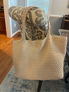 Woven Braided-Handle Tote in Beige